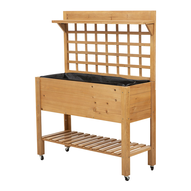 41'x18'x53' Letto rialzato da giardino con ripiano e ruote Fioriera in legno massello Fioriera per erbe aromatiche Fiori all'aperto/interni - Marrone