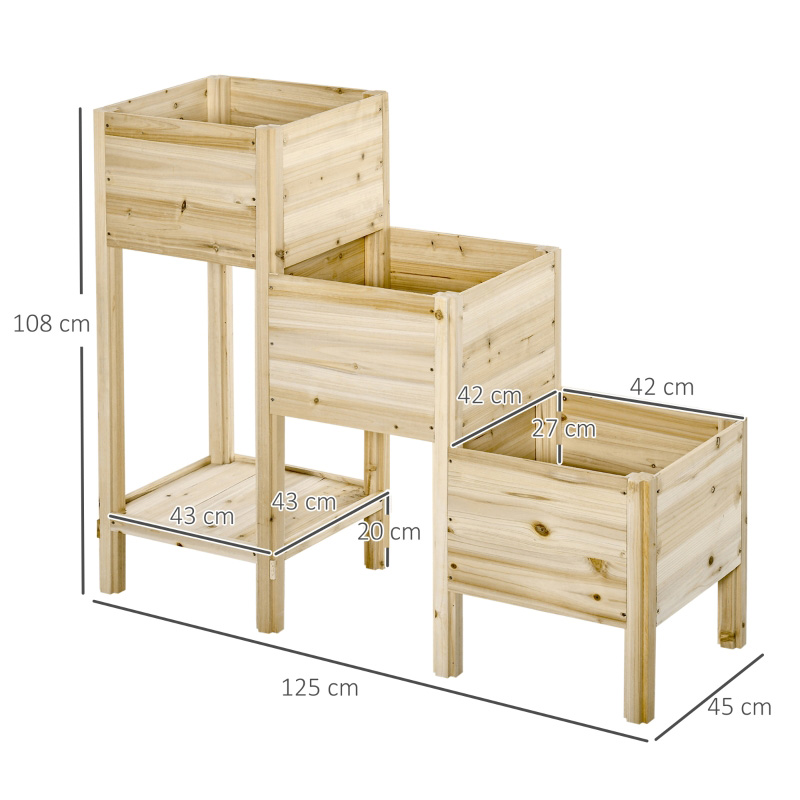 Letto da giardino rialzato a 3 livelli con ripiano portaoggetti, kit fioriera rialzata in legno