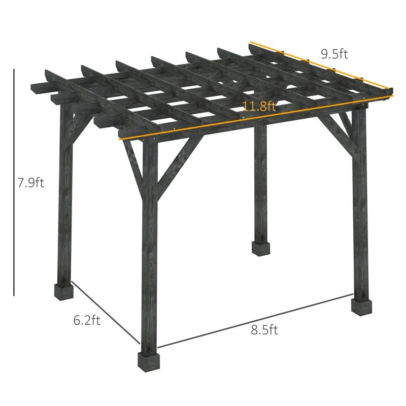 Gazebo a pergola da esterno 10' x 10', 100% pergola in legno adatto per patio, terrazza, giardino, gazebo, perfetto per barbecue, feste, picnic, nero