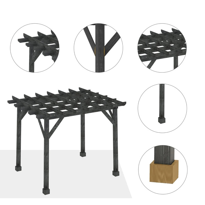 Gazebo a pergola da esterno 10' x 10', 100% pergola in legno adatto per patio, terrazza, giardino, gazebo, perfetto per barbecue, feste, picnic, nero