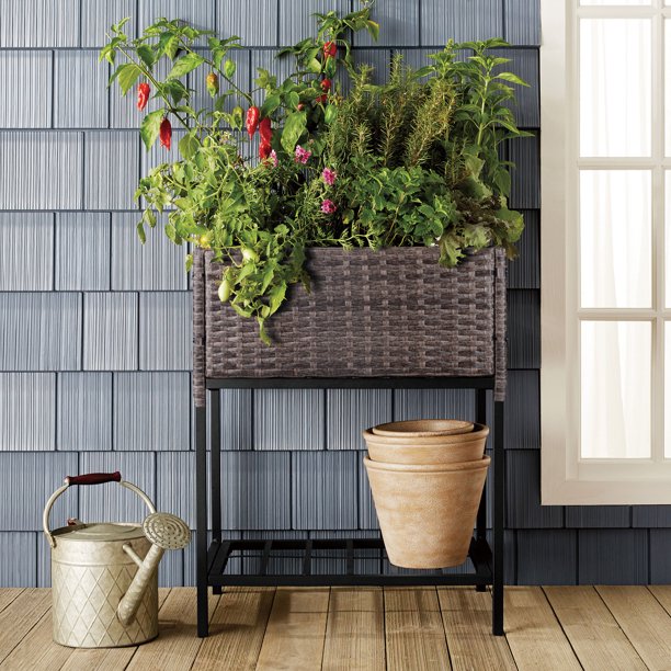 Fioriera per fiori in rattan per interni/esterni con ripiano per attrezzi sotto e robusta area di lavoro sopraelevata 28' H